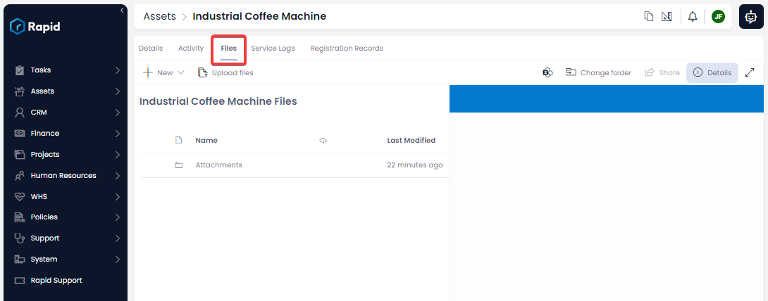 A screenshot showing how to view the files and folders attached to an item. The user must navigate to the &quot;Files&quot; tab at the top of an item&#39;s page.